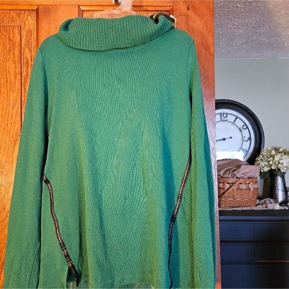 Rafaella Green Cowl Neck Sweater Large | Cozy Pullover w/ Faux Leather Zip - Picture 1 of 11